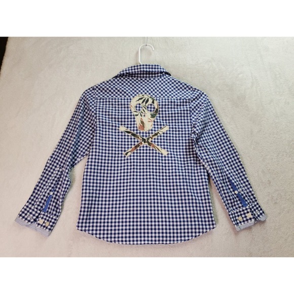 Scotch Shrunk Shirt Youth Size 8 Blue Plaid Skull Long Sleeve Collar Button Down - Picture 2 of 10